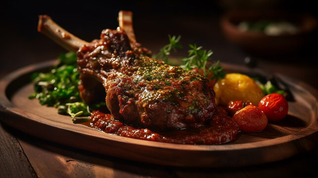 Generative AI image of a mouthwatering serving of lamb shank, tender and succulent, accompanied by aromatic herbs and a rich, savory sauce.