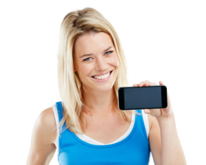 Mockup, mobile or portrait of happy woman with screen space isolated on transparent png background. Smile, logo display or person with phone digital technology for advertising, marketing or branding