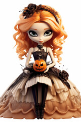A doll with a pumpkin in her hand. Generative AI.