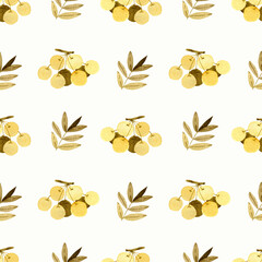 Seamless pattern with watercolor golden leaves and berries on white background