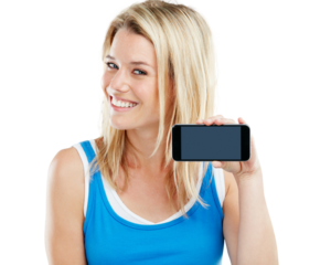 Mockup, mobile or portrait of happy girl with screen space isolated on transparent png background. Smile, logo display or woman with phone technology for advertising an app, marketing or branding