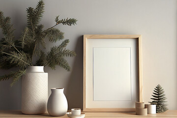 Stylish interior of living room with mock up poster frame. Minimalist concept of home decor. Template.