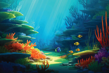 underwater scene with fishes and reef