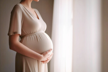 Side view of pregnancy belly of woman in dress