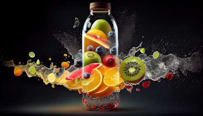 Fruit, berry mix in bottle splash