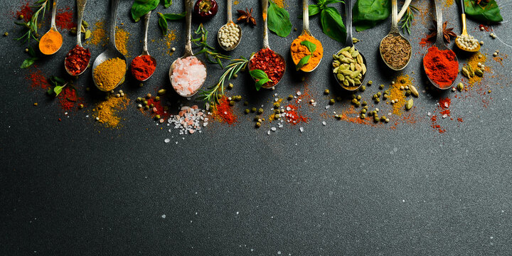 Colorful Various Herbs And Spices For Cooking. Cooking Banner. Side View.