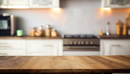 Wood table top on blurred kitchen background