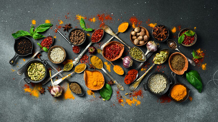 Variety of spices and herbs on kitchen table. Top view. Free space for text.