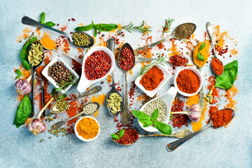Banner of spices. Fragrant Indian herbs and spices. Free space for text.