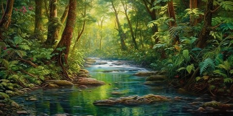 AI Generated. AI Generative. Nature outdoor wild landscape forest jungle river scene. Adventure travel explore vibe. Graphic Art