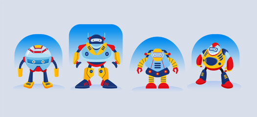 Hand drawn robot character with different poses collection, Cartoon robot icon set.