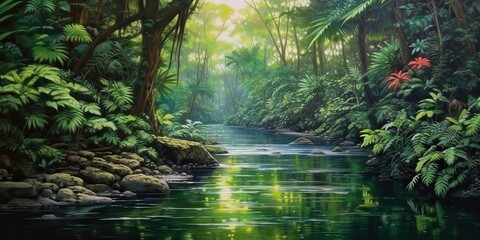 AI Generated. AI Generative. Nature outdoor wild landscape forest jungle river scene. Adventure travel explore vibe. Graphic Art