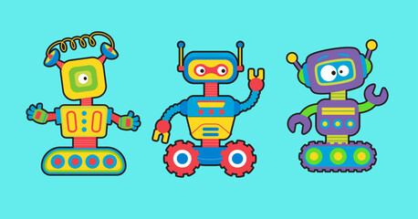 Hand drawn robot character with different poses collection, Cartoon robot icon set.