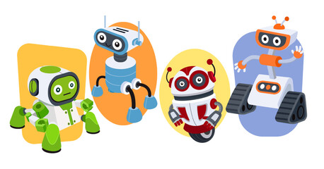 Hand drawn robot character with different poses collection, Cartoon robot icon set.