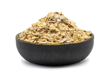 Oatmeal or Oat flakes isolated on white background. Oatmeal in bowl. Close up