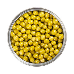 Canned green peas, in an open can. Small spherical seeds of the pod fruit Pisum sativum, boiled and canned to preserve the legumes. Closeup, from above, isolated on white background, macro food photo.