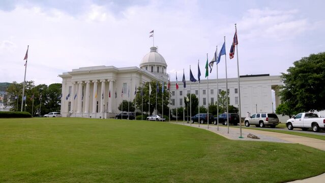 Alabama State Capitol building in Montgomery, Alabama walking at an angle.