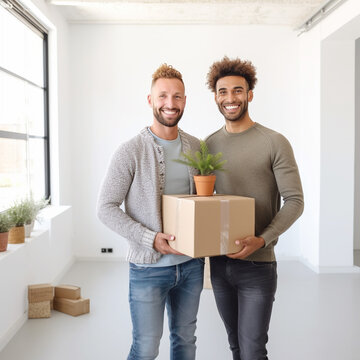 Portrait Of Excited multiracial Gay Male Couple Standing inside New Home Holding hands On Moving Day Together, Happy smiling couple
