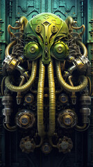 A green and gold mask with steam pipes attached to it. Generative AI.