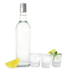 Bottle and glasses of vodka isolated on white background