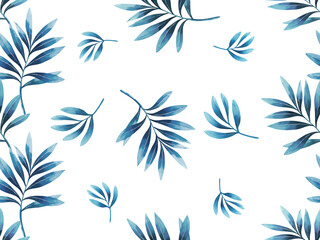Watercolor painting white blue colour leaves seamless pattern on white background.Watercolor illustration tropical exotic leaf prints for wallpaper,textile Hawaii aloha jungle pattern.