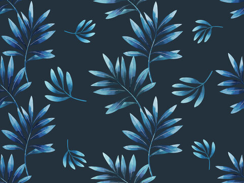 Watercolor painting white blue colour leaves seamless pattern on dark background. Watercolor illustration tropical exotic leaf prints for wallpaper,textile Hawaii aloha jungle pattern.