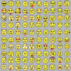 Set of Emoticons. Set of Emoji. Smile icons, Funny cartoon yellow emoji and emotions icon collection. Mood and facial emotion icons. Crying, smile, laughing, joyful, sad, angry and happy faces