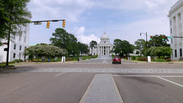 Dexter Avenue and Alabama State Capitol building in Montgomery, Alabama with video panning left to right.