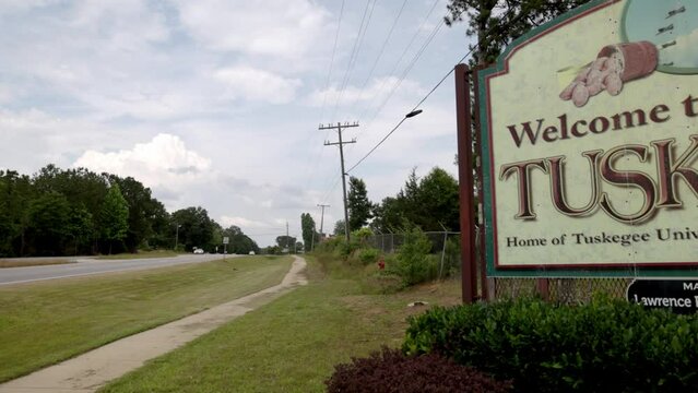 Welcome to the City of Tuskegee, Alabama sign with gimbal video panning left to right.