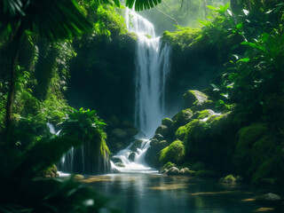 A beautiful waterfall in forest, Generative AI Illustration.