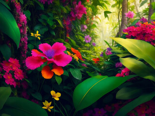 Beautiful tropical flowers in jungle, Generative AI Illustration.