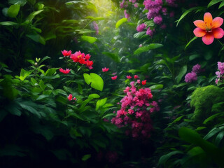 Fototapeta na wymiar Beautiful tropical flowers in jungle, Generative AI Illustration.