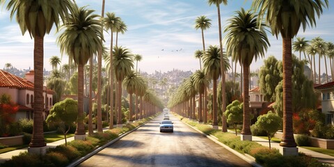 Obraz premium AI Generated. AI Generative. Amrican miami california road trip with palms. Adventure travel vacation vibe. Graphic Art