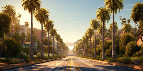 AI Generated. AI Generative. Amrican miami california road trip with palms. Adventure travel vacation vibe. Graphic Art - obrazy, fototapety, plakaty