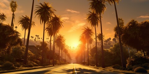 Naklejka premium AI Generated. AI Generative. Amrican miami california road trip with palms. Adventure travel vacation vibe. Graphic Art