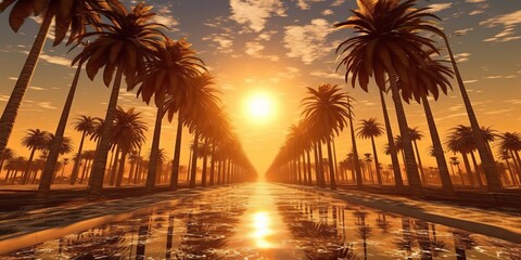 AI Generated. AI Generative. Amrican miami california road trip with palms. Adventure travel vacation vibe. Graphic Art