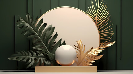 Gold luxury display background decorated with leaves