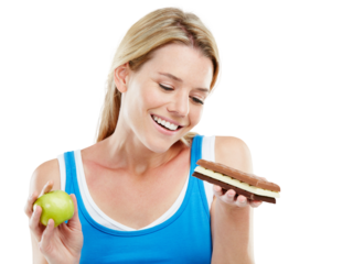 Chocolate, apple or happy woman with food choice between unhealthy dessert or healthy nutrition fruit. Decision, hungry or person choose sweets, candy or snack isolated on transparent, png background