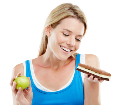 Chocolate, apple or happy woman with food choice between unhealthy dessert or healthy nutrition fruit. Decision, hungry or person choose sweets, candy or snack isolated on transparent, png background