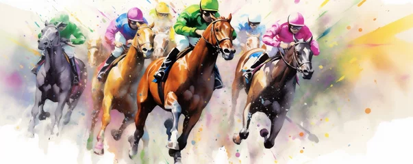 Foto op Canvas A Painting of Horse Jockeys Racing, Moving Fast, Generative AI © HRTNT Media