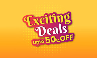 Exciting Deals Logo, Electronics, Mobile, FMCG, Retail, 50 Percent Off, Sale Logo unit Vector Design Template