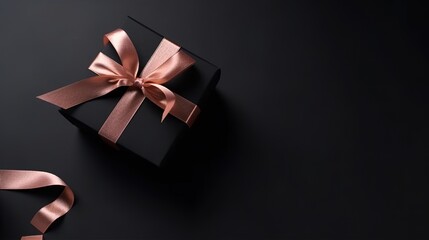 Black Gift Box with Ribbon, Flat Lay View. Generative AI