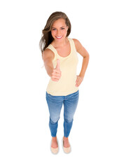 Fototapeta premium Woman in portrait, thumbs up and high angle, support and motivation with feedback isolated on png transparent background. Female person with hand gesture, like emoji and yes with positive review