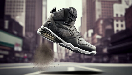 Mens urban design sports shoes float in the air with the concept of style ease and functionality