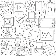 Hand Drawn Movie Icons Background Vector Design.