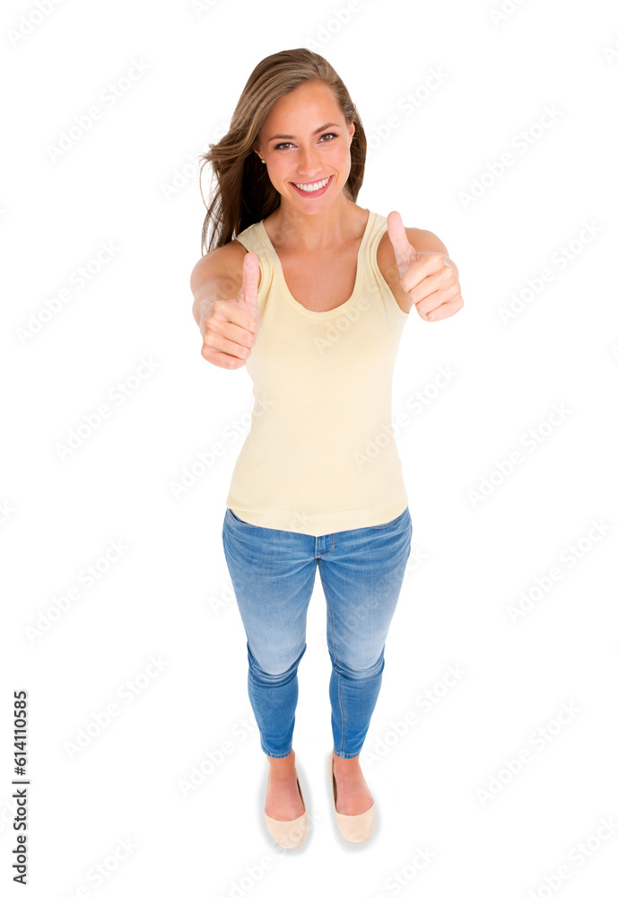 Canvas Prints Woman, thumbs up and high angle, support in portrait and motivation with feedback isolated on png transparent background. Female person with hand gesture, ok or like emoji and yes with agreement