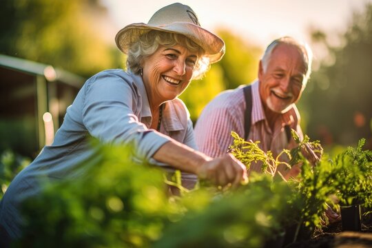 A close - up shot of a cheerful senior couple gardening in their backyard. Generative AI