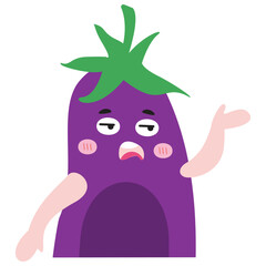 Flat vector illustration of a cute eggplant doing disinterested gesture on white background.