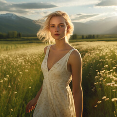 Fototapeta na wymiar Fashion outdoor photo of beautiful sensual woman with blond hair in elegant dress posing in blooming meadow. Attractive young woman in camomile field with mountains in the background. AI generated