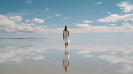 Fotobehang Young woman in white dress standing on the salt lake with reflection in water and looking at blue sky. Woman in white dress standing on the salt lake with smooth surface.   AI generated © Valua Vitaly
